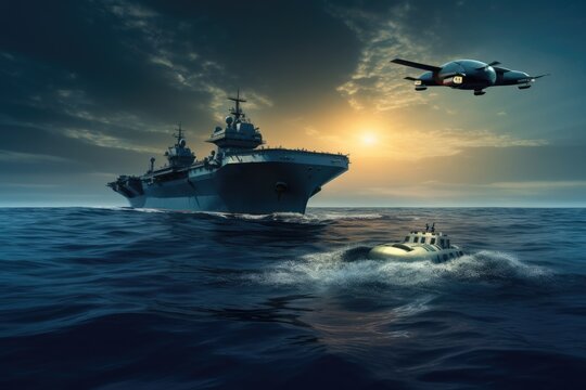 Water drone near a large military ship