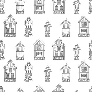 Seamless pattern doodle houses on white background. Vector illustration. Hand drawn outline drawing.