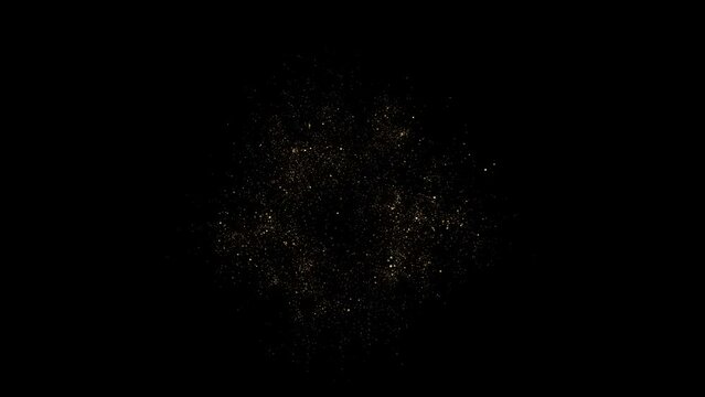 4K Gold Explosion effect. Festive Fireworks. Isolated on black background. Floating golden sparkles. Glowing Particles. Overlay. 60 fps