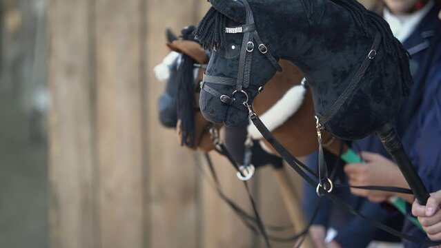 close-up of three toy horses. toy horse. Horseback riding. Horseback riding. Slow motion video. High quality FullHD footage