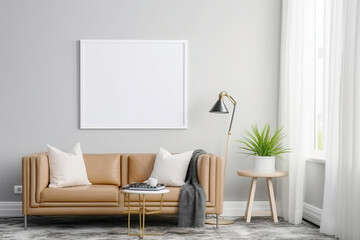 Poster frame mockup interior design in white soft colors, beige sofa. AI generated.
