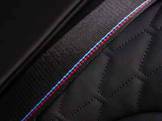 Part of leather car headrest seat details. Сlose-up black  leather car seat. Skin texture