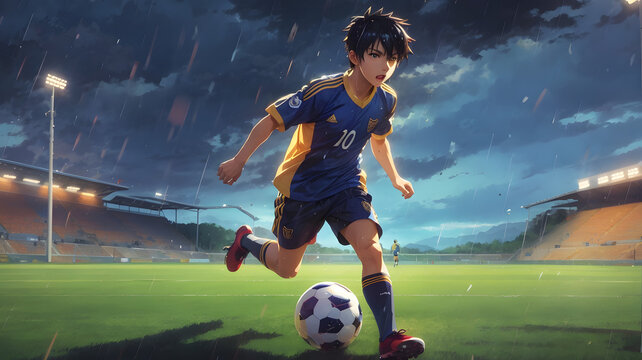Anime Boy Playing Football in Rain