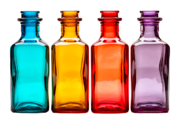 Four multi-colored glass bottles with square edges. Isolated on a transparent background.