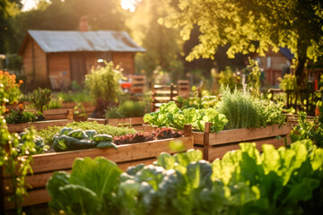 Spring vegetables and herbs growing in the raised garden beds farming wooden fence box background.