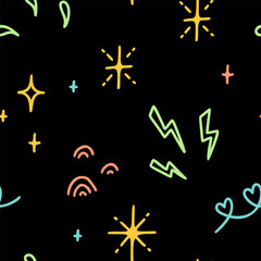 Cute line doodle seamless pattern. Childish squiggle drawing design. Baby party decoration.