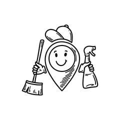 Cute line doodle cleaning location pin emoji. Freehand sketch pinpoint. Map address comic emoticon. Smiling funny character