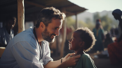 Volunteer doctors provide medical care to refugee African children in the refugee camp
