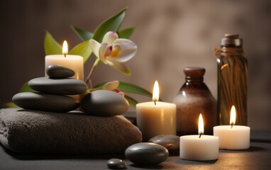 Fototapeta na wymiar Calming Spa Composition with Lit Candles and Smooth Rocks