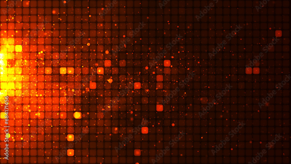 Aufkleber red mosaic background in technology concept. abstract red led squares and yellow particles. technolo