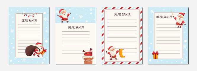 Set of letter to Santa Claus templates for kids. Christmas wishlist for children. Dear Santa printable holiday paper letter background. Christmas vector illustration in flat hand drawn doodle style - obrazy, fototapety, plakaty