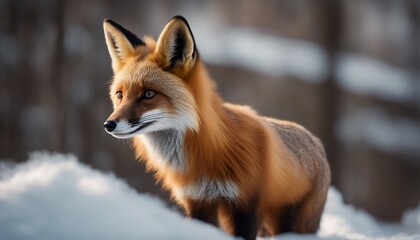 a red fox with a bushy tail and black ears