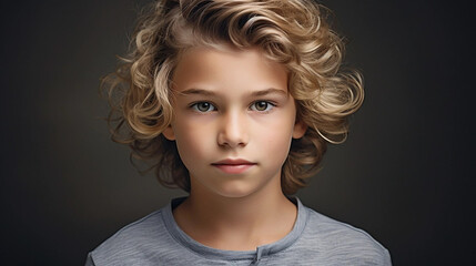 copy space, stockphoto, portrait of an caucasian boy with blond wavy hair. Beautiful young boy. Studio portait.