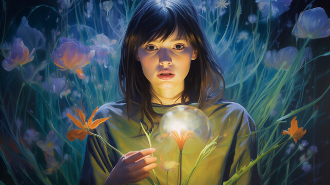 Penture d'une jeune femme surprise et &eacute;merveill&eacute;e devant une fleur magique luminescente