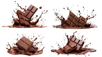 Set of delicious chocolate bar pieces falling into chocolate splashes, cut out