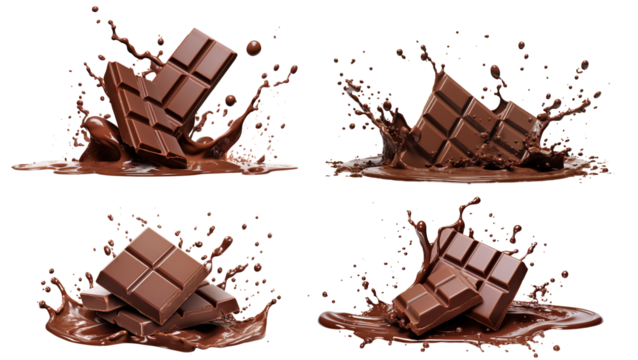 Set of delicious chocolate bar pieces falling into chocolate splashes, cut out