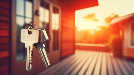 CLOSE UP OF KEY AND HOUSE KEYCHAIN ​​IN HIGH SECURITY DOOR LOCK. HOME INSURANCE CONCEPT created with Generative Ai