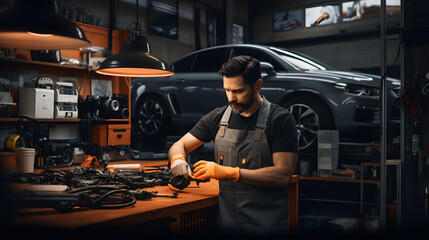 Obraz na płótnie Canvas Expert Hands at Work: A Technician Repairing a Vehicle at a Service Station 