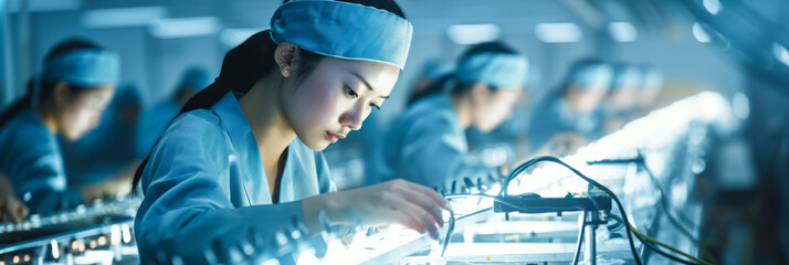 Group of Asian female workers in a mass production line and QC quality control check in at the electronics factory background.