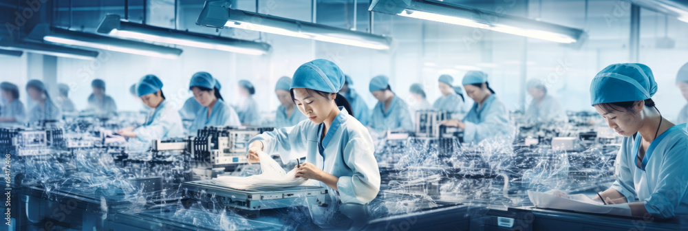 Wall mural group of asian female workers in a mass production line and qc quality control check in at the elect