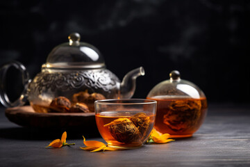 Asian pressed pu-erh tea, shu pu'er in tangerine, blooming tea in ball on dark slate background copy space created with Generative Ai