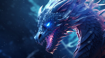 A detailed and mystical blue dragon with glowing eyes in an atmospheric, abstract background.