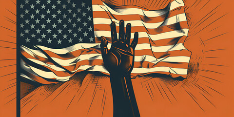 Hand Up Palm. Flag of America. American flags. Patriots of America. Fans at the concert. People waved American flags. Fans meet idol. - obrazy, fototapety, plakaty
