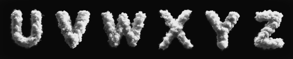 Alphabet from U to Z - Cloud - Smoke - Mist - Fog - Steam - Alphabet - Black Background - 3D fat Sans Serif Uppercase Collection - U, V, W, X, Y, Z