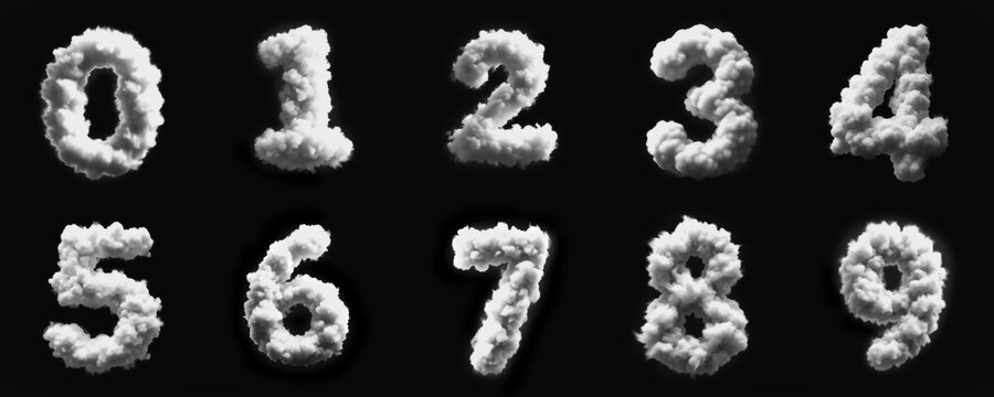 Numbers from 0 to 9 - Cloud - Smoke - Mist - Fog - Steam - Alphabet - Black Background - 3D fat Sans Serif Uppercase Collection - 0, 1, 2, 3, 4, 5, 6, 7, 8, 9 