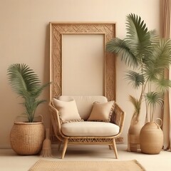 Colorful Standing vertical wooden frame mockup in warm neutral beige room interior with wicker armchair, boho pillow, and palm plant in a woven basket with tassels. Illustration, 3d rendering.