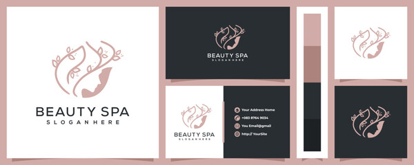 Beauty spa woman leaf logo with business card template