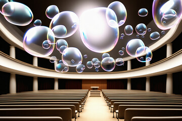 Universität  Hörsaal mit schwebenden transparenten Blasen - obrazy, fototapety, plakaty