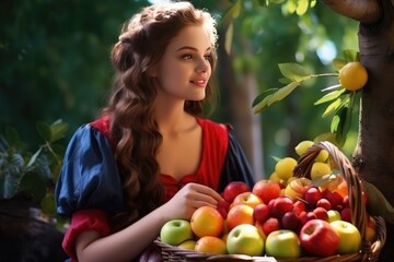 Fototapeta na wymiar Portrait of a young beautiful girl surrounded by fruit