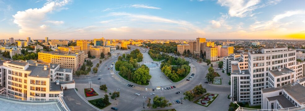 Panorama of the central part of Kharkov. Freedom Square. Evening lighting. Summer 2021