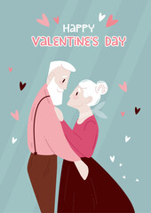 Happy valentines day greeting card with senior couple in love