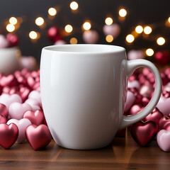 white clear blank mug mockup, valentine themed background created with Generative Ai