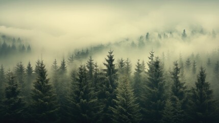 Fototapeta premium Misty landscape with fir foggforest in retro vintage пgloomy style