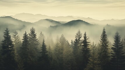 Misty landscape with fir foggforest in retro vintage пgloomy style