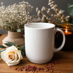 Fototapeta na wymiar white clear blank mug mockup, valentine themed background created with Generative Ai