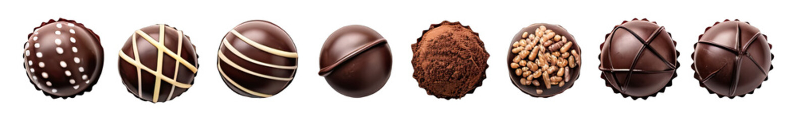 Top view of various chocolate pralines isolated on transparent background with copyspace