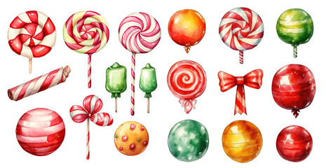 Set of hand drawn watercolor Christmas candies and lollipop isolated on transparent background