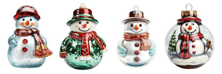 Set of nostalgic glass hanging snowman figurine decoration for Christmas isolated on transparent background