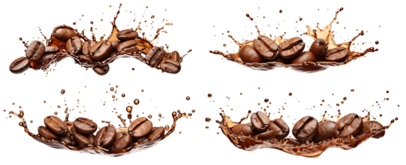 Set of delicious coffee beans in splashes of coffee, cut out