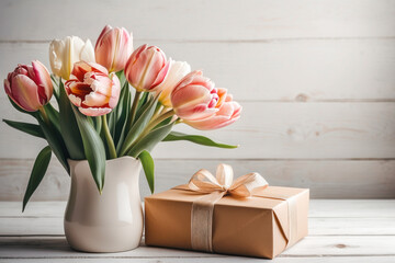 flowers and congratulations in light colors with gifts, tulips on a white wooden background. March 8. vase and box with a gift