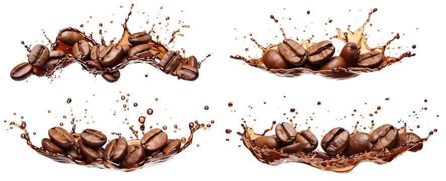 Set of delicious coffee beans in splashes of coffee, cut out