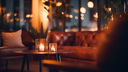 Photo of a cozy cafe interior decorated with comfortable sofas and dim lighting in the sunset - obrazy, fototapety, plakaty