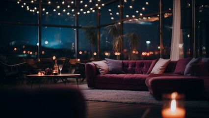 Obraz na płótnie Canvas Photo of a cozy cafe interior decorated with comfortable sofas and dim lighting in the sunset
