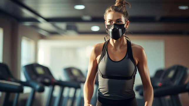 A woman with a mask working out in a gym, demonstrating dedication to health and safety - Powered by Adobe