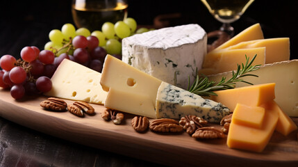 Artisan Cheese Platter Elegance: Highlight the art of cheese pairing with an artisanal cheese platter, showcasing a variety of cheeses, fruits, and nuts - obrazy, fototapety, plakaty