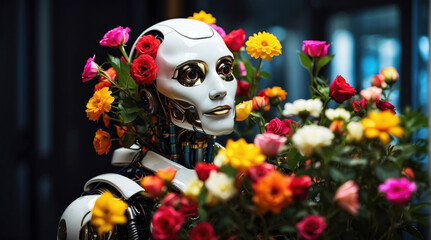 A robot florist working in the market surrounded by flowers. a modern flower shop. tulips and roses for Women's Day on March 8th. the banner. Cyborg is working